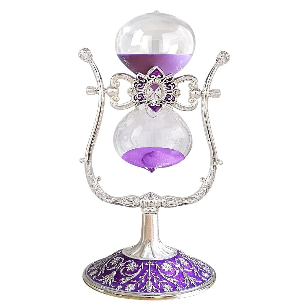 Sablier LYRA 15 Minutes en métal argenté et socle émaillé violet avec sable assorti.