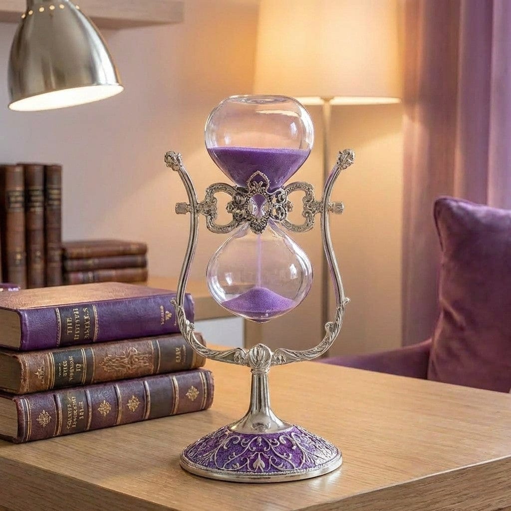 Gros plan du Sablier LYRA 15 Minutes en métal ciselé sur un bureau avec livres anciens.