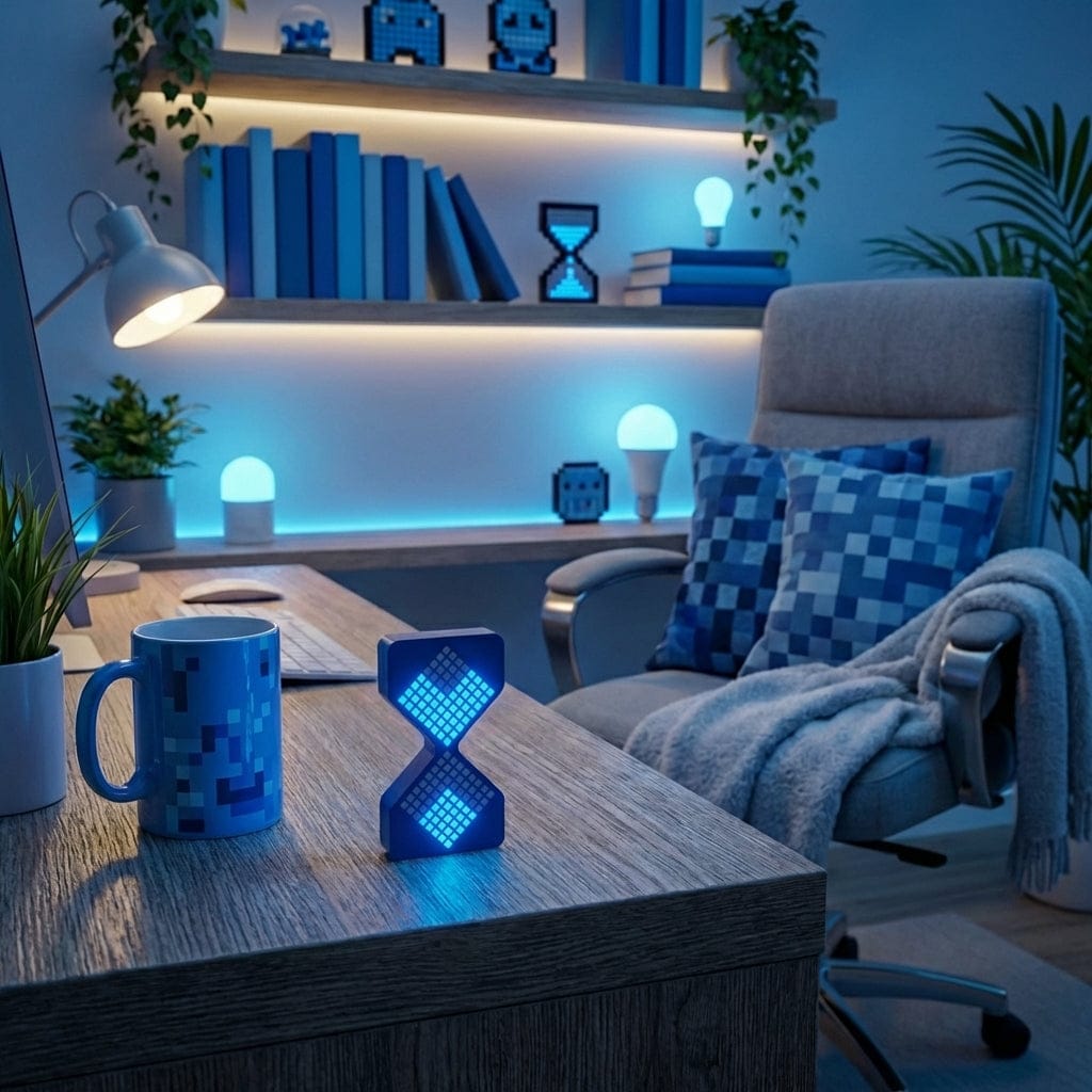 Le Sablier VOXEL illuminé en bleu sur un bureau moderne, idéal pour une ambiance de productivité augmentée.