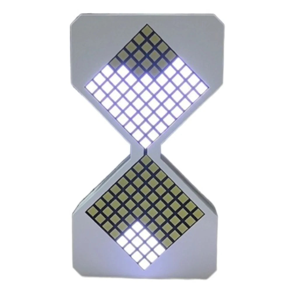 Sablier VOXEL design blanc avec matrice de LED blanches lumineuses, vue de face.