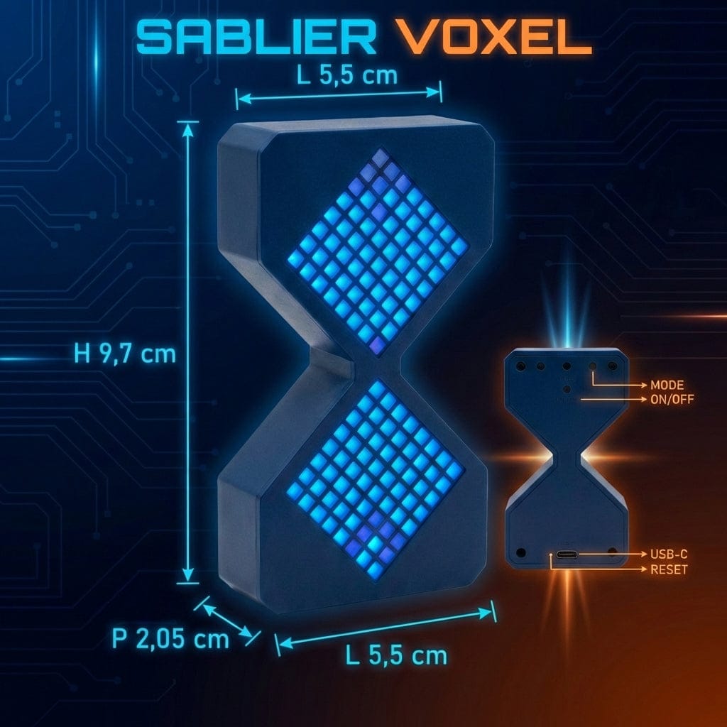 Schéma technique du Sablier VOXEL indiquant les dimensions (9,7 cm de hauteur) et les boutons de contrôle USB-C.