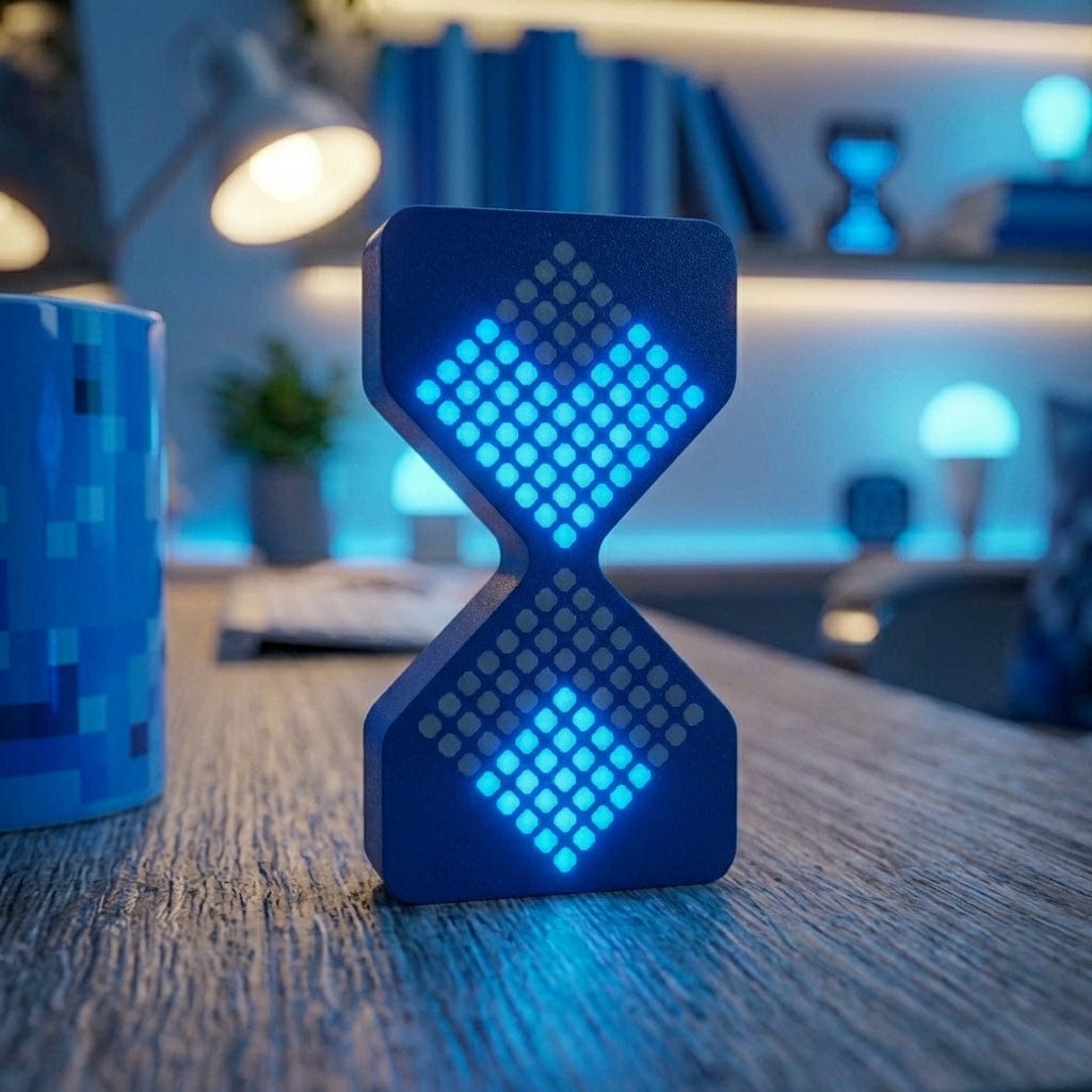 Sablier VOXEL avec matrice de LED bleue affichant un décompte numérique sur un bureau en bois.
