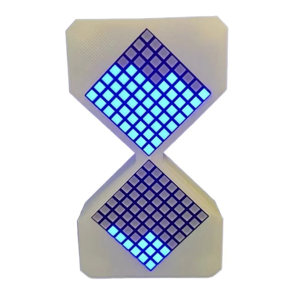 Sablier VOXEL blanc affichant une matrice de LED cyan, outil de gestion du temps et productivité.