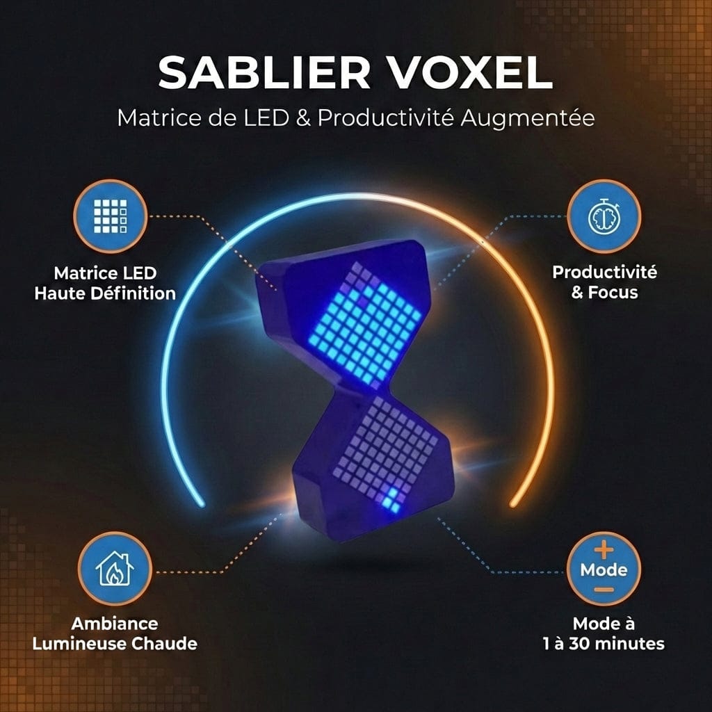 Infographie du Sablier VOXEL présentant sa matrice LED haute définition et ses modes de productivité de 1 à 30 minutes.