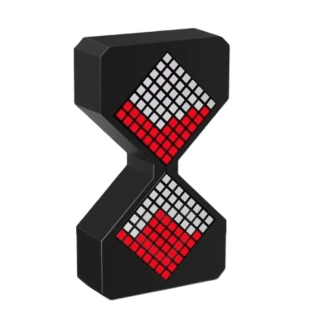 Vue en perspective du Sablier VOXEL noir avec matrice de LED rouges, gestionnaire de temps moderne.