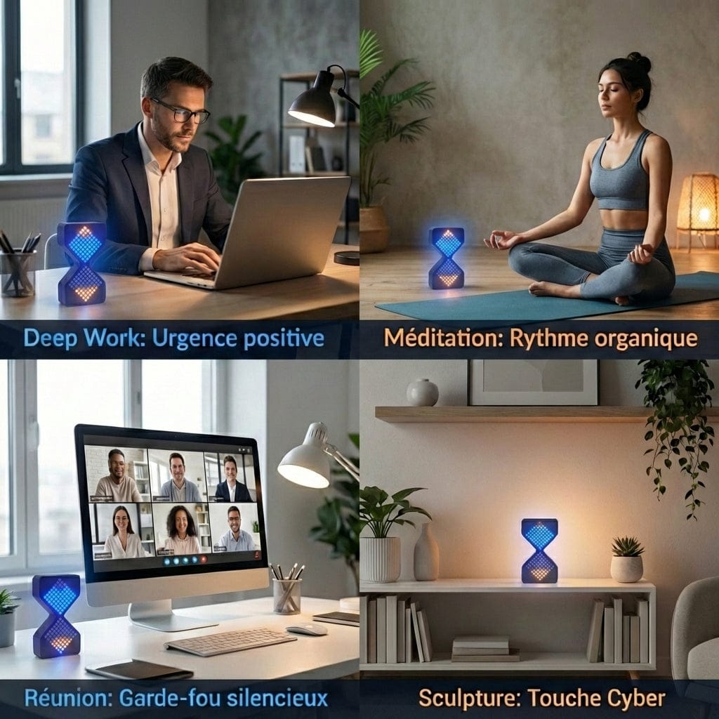 Mise en situation du Sablier VOXEL en quatre modes : deep work, méditation, réunion et décoration design.