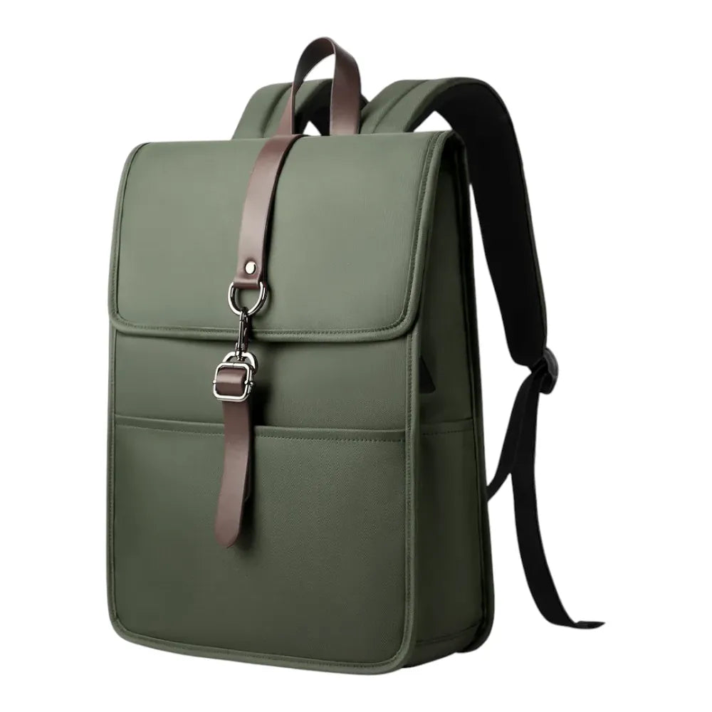 Sac à dos Alma vert olive avec sangle en cuir marron et boucle en métal