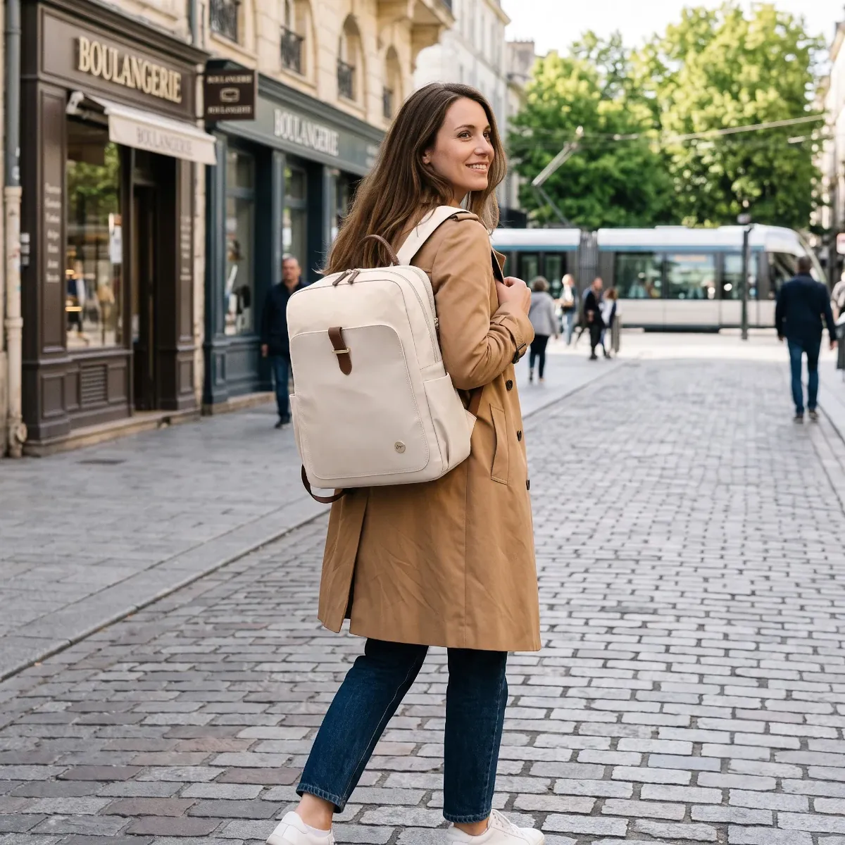 Femme active en mouvement portant le sac à dos business femme Helya en ville.