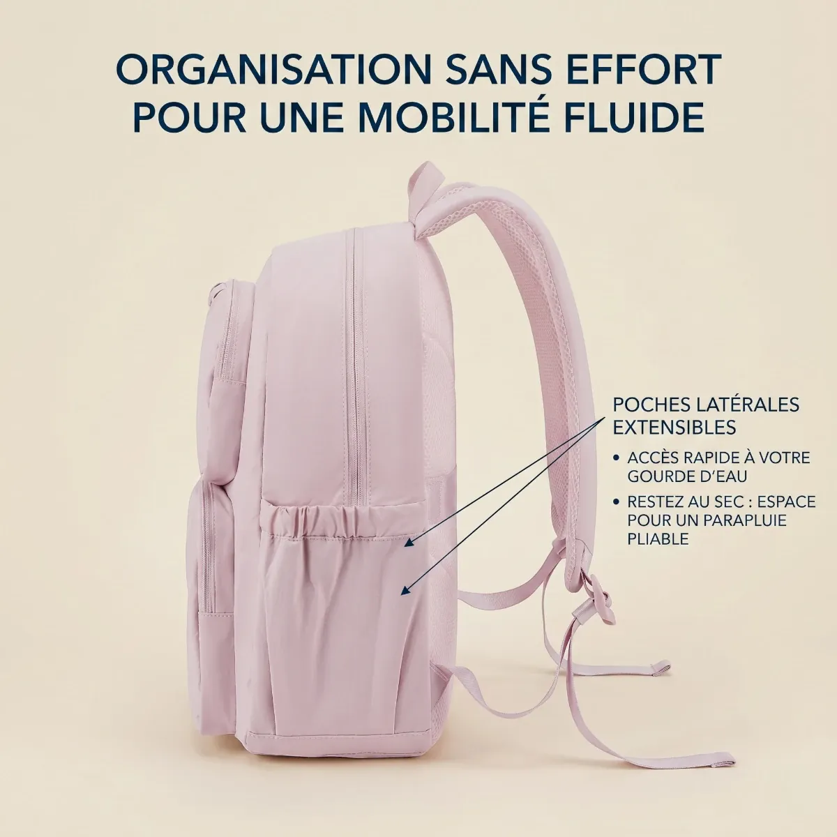 Vue de profil des poches latérales extensibles pour gourde et parapluie du sac à dos business femme Nuage.