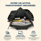 Schéma intérieur du sac à dos business femme Sienna illustrant sa grande capacité de rangement et sa protection technologique antichoc.