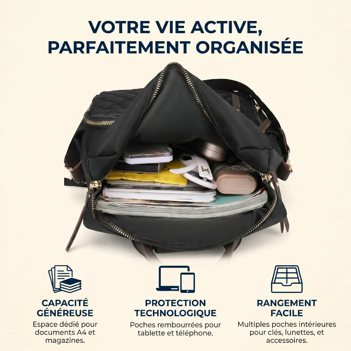 Schéma intérieur du sac à dos business femme Sienna illustrant sa grande capacité de rangement et sa protection technologique antichoc.