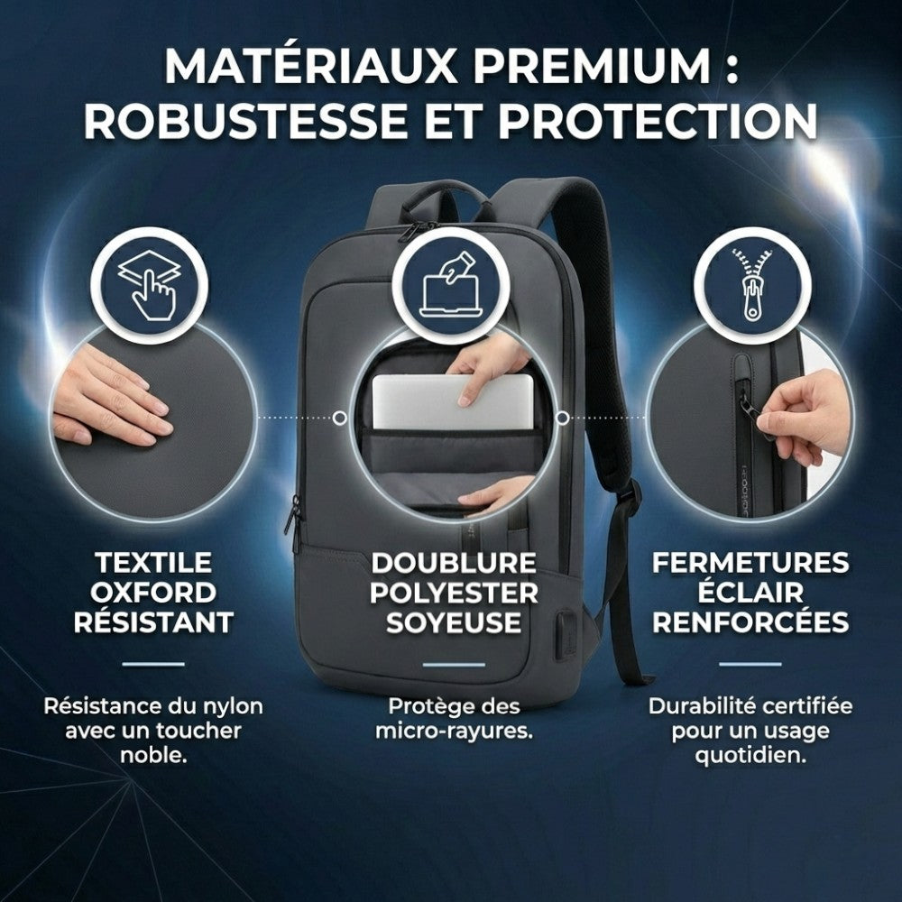 Détails des matériaux du sac HK Shadow-Slim : textile Oxford résistant, doublure polyester soyeuse et fermetures éclair renforcées.