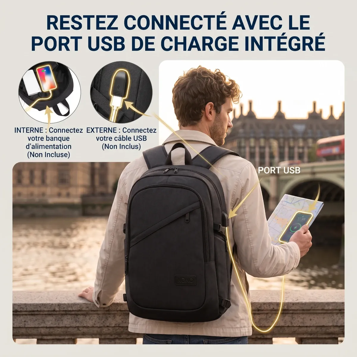 Système de charge nomade avec port USB du sac à dos business homme KonoSync