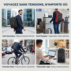 Collage de quatre photos montrant le sac à dos ergonomique Ergostride porté par des hommes dans divers contextes : cadre dynamique en quartier d'affaires (sac noir), voyageur à l'aéroport (sac rouge), cycliste urbain (sac bleu), et télétravailleur dans un bureau mobile (sac gris).