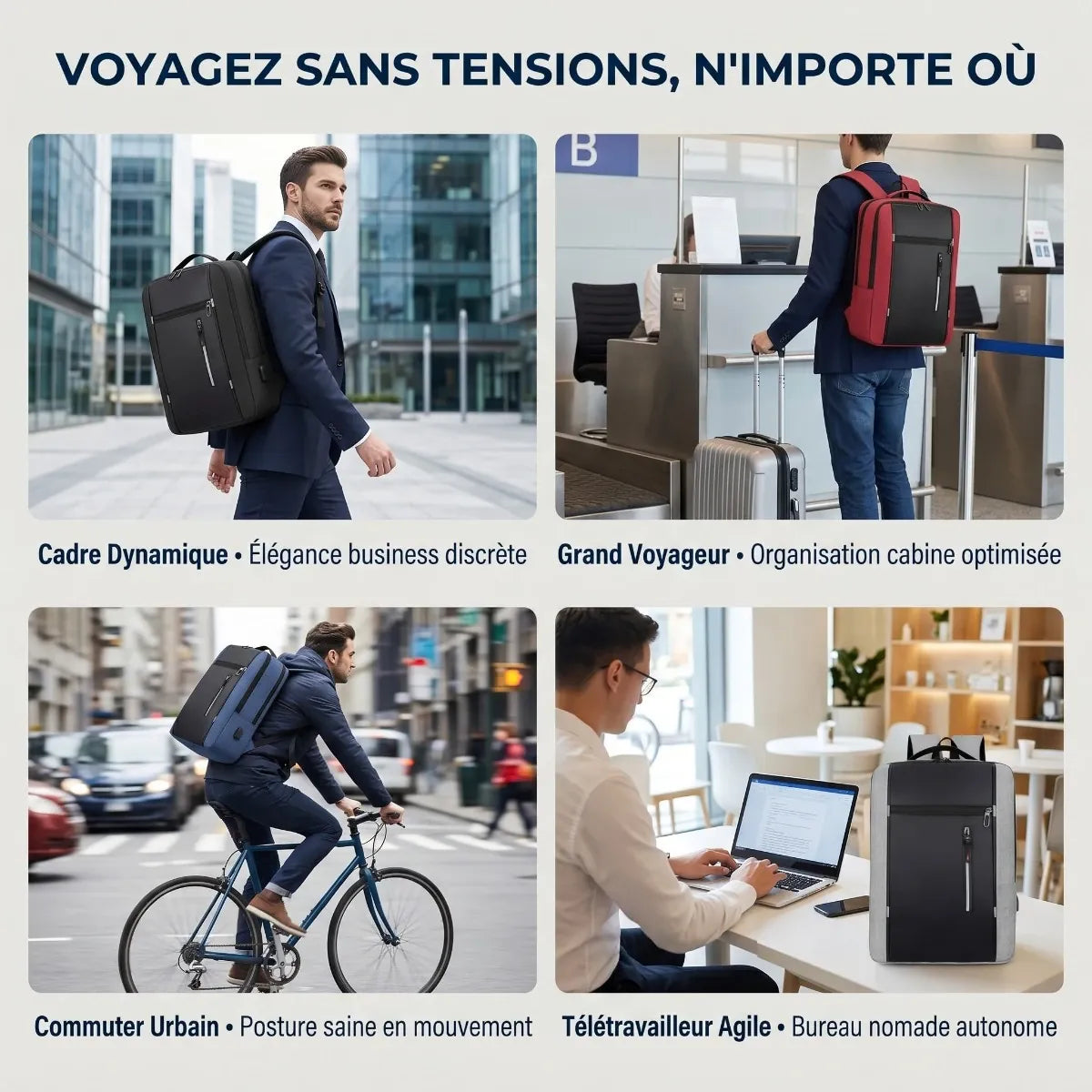 Collage de quatre photos montrant le sac à dos ergonomique Ergostride porté par des hommes dans divers contextes : cadre dynamique en quartier d'affaires (sac noir), voyageur à l'aéroport (sac rouge), cycliste urbain (sac bleu), et télétravailleur dans un bureau mobile (sac gris).
