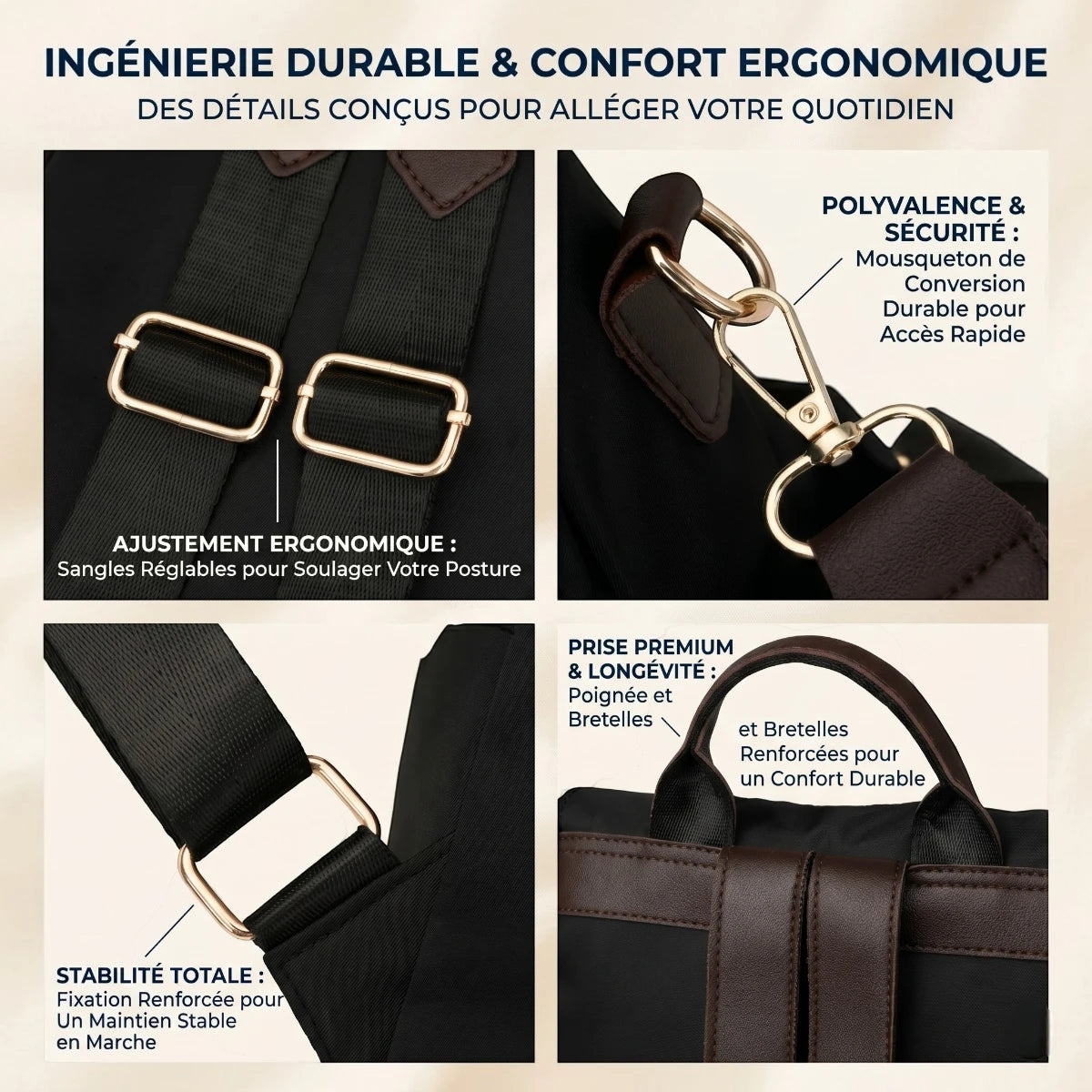 Focus technique sur l'ingénierie durable et le confort scapulaire du sac à dos ergonomique femme Elysée.