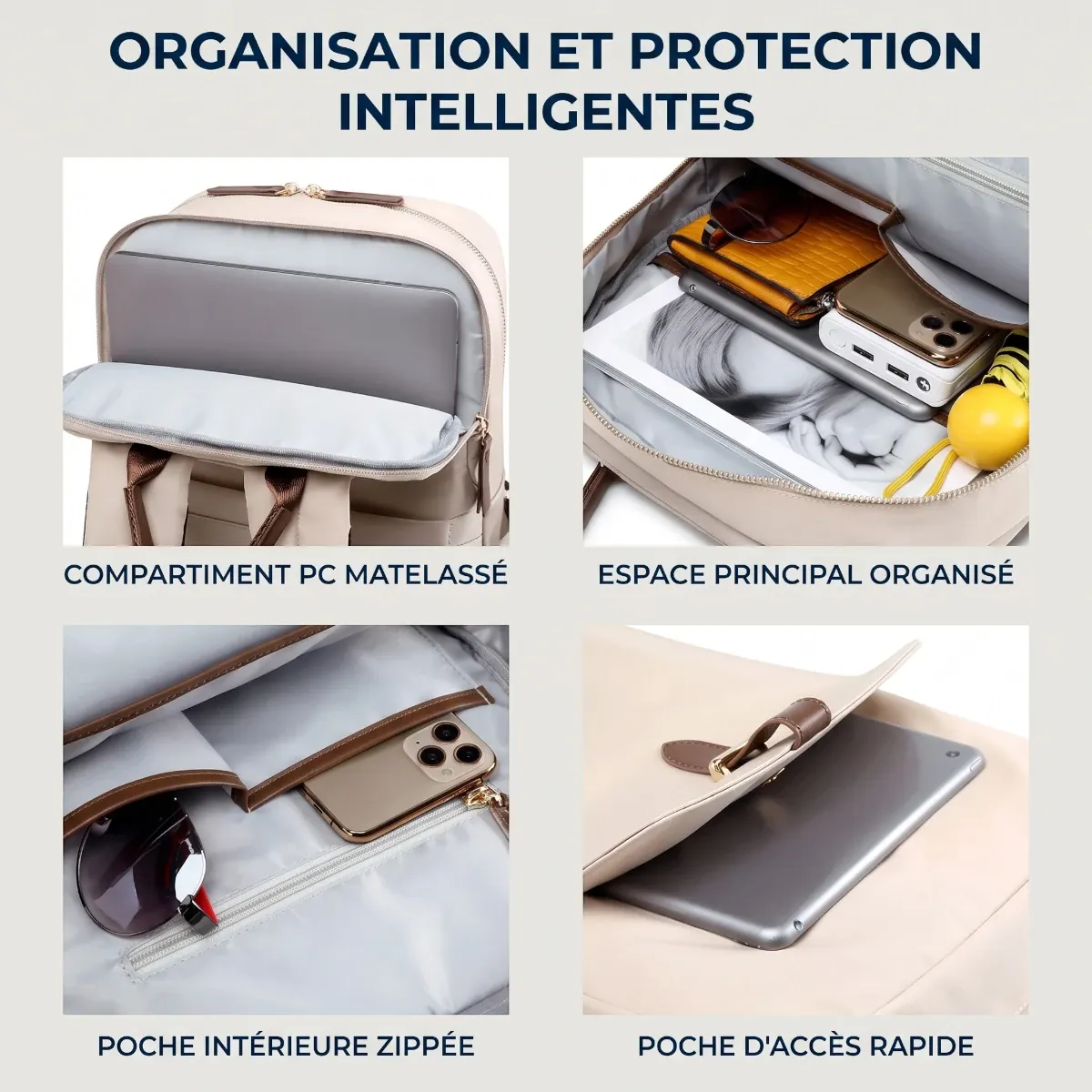Compartiments et poches avec protection antichoc ordinateur du sac à dos Helya.
