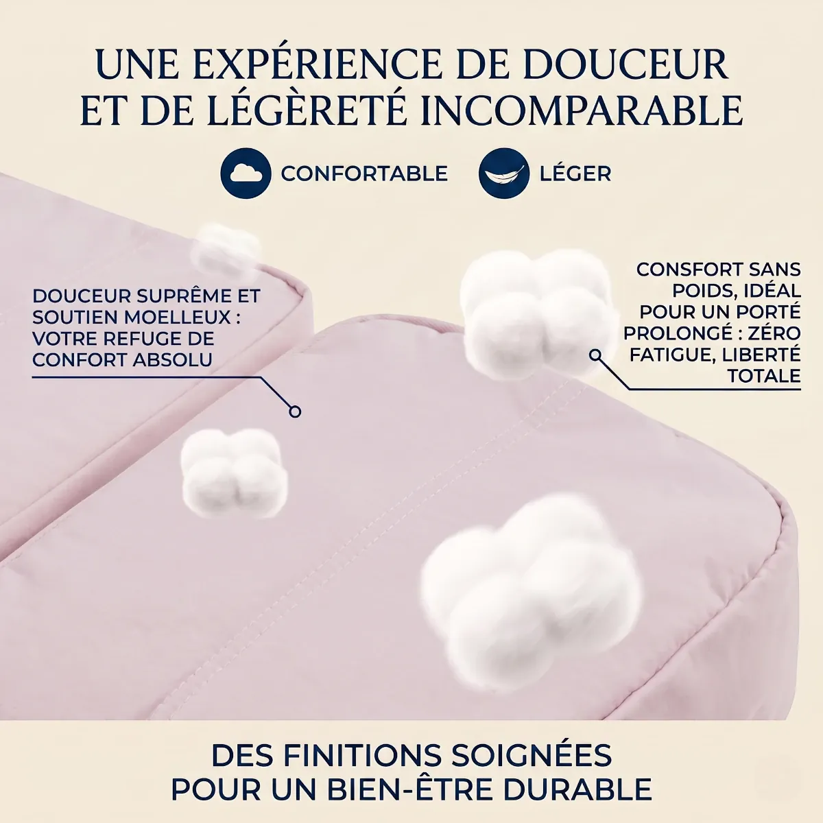 Infographie mettant en avant la texture douce Taslan et la légèreté du sac à dos ergonomique femme Nuage.