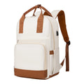 Vue de trois quarts d'un sac à dos étudiant moderne blanc (crème) avec des accents marron tan, montrant un port USB, isolé sur un fond blanc.