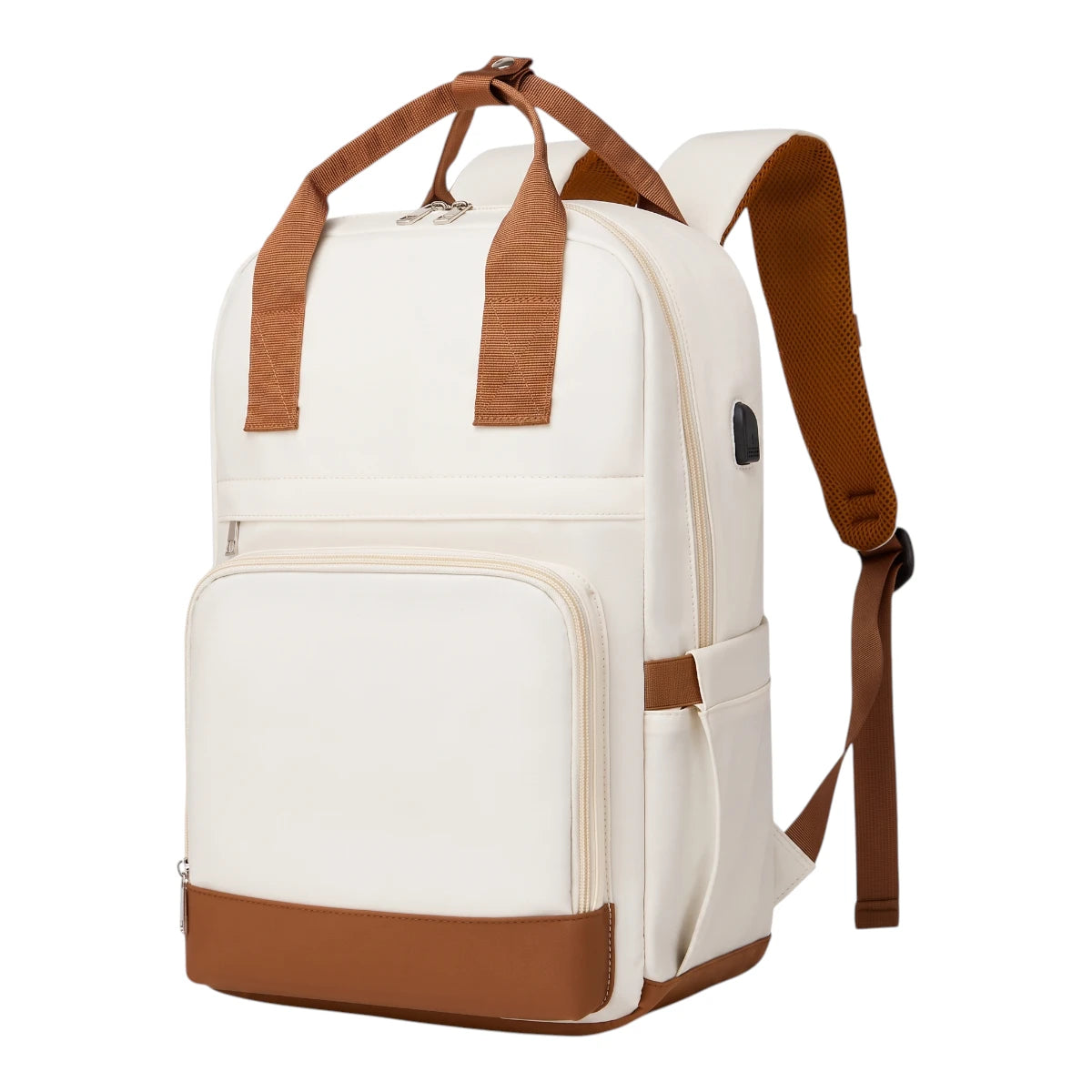Vue de trois quarts d'un sac à dos étudiant moderne blanc (crème) avec des accents marron tan, montrant un port USB, isolé sur un fond blanc.