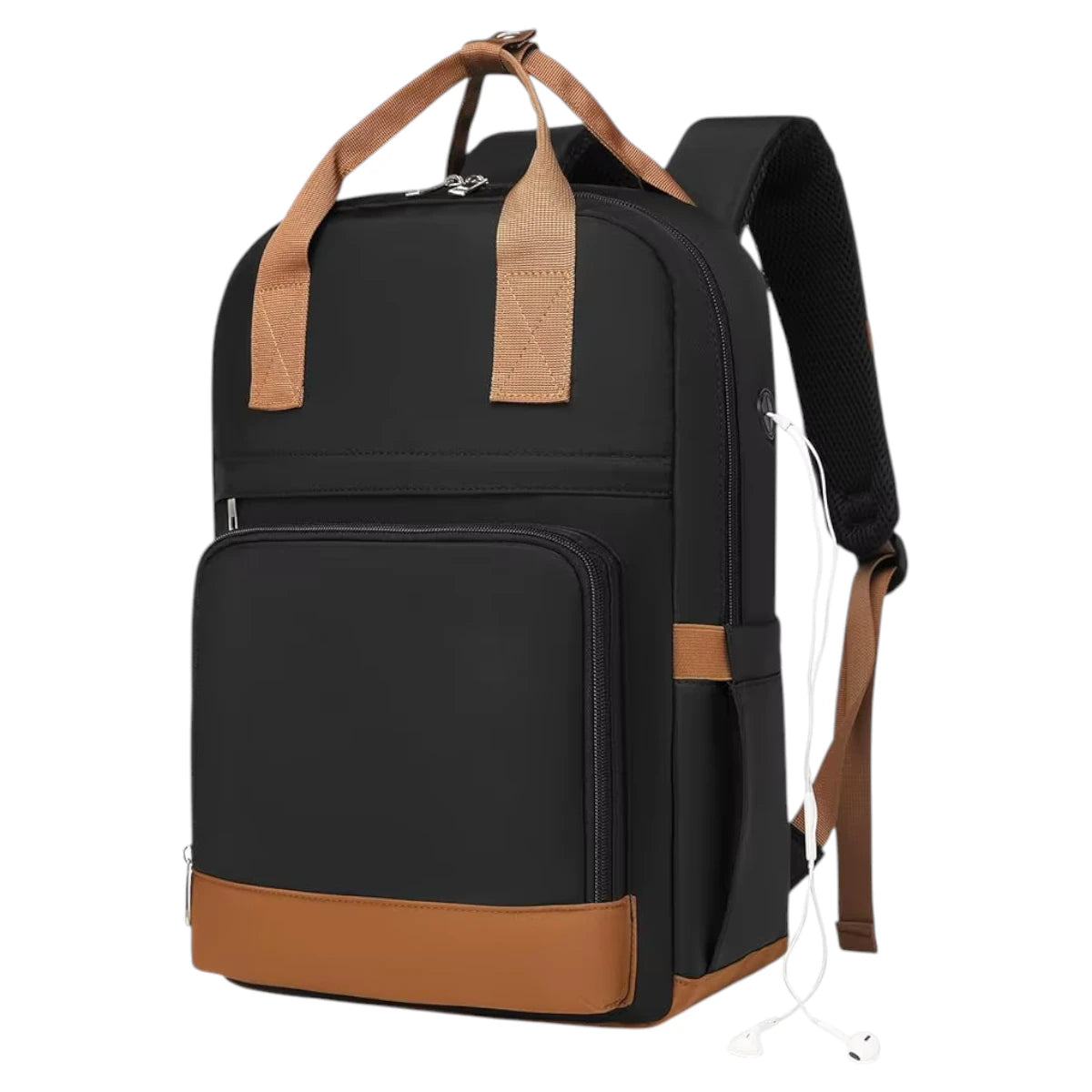 Vue de trois quarts d'un sac à dos étudiant moderne noir avec des accents marron tan, montrant un câble d'écouteur inséré dans l'œillet, isolé sur un fond blanc.