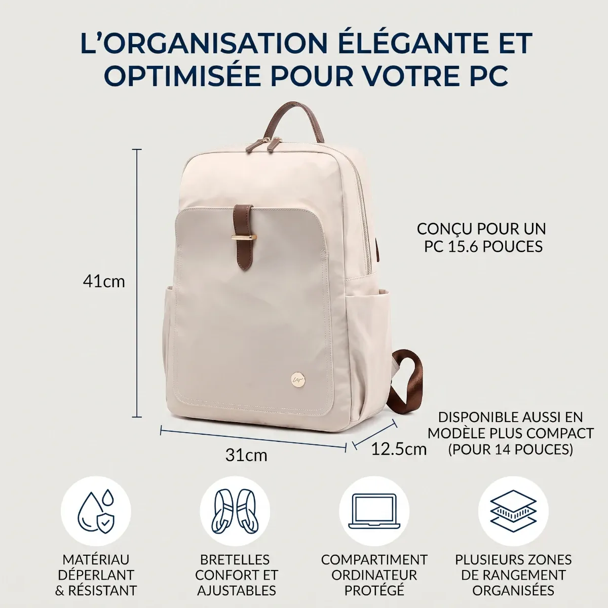 Schéma des dimensions en cm du sac à dos femme ordinateur Helya pour PC 15.6 et 14 pouces.