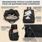 Infographie explicative des poches intelligentes et de la sécurité antivol du sac à dos femme pour ordinateur Elysée.