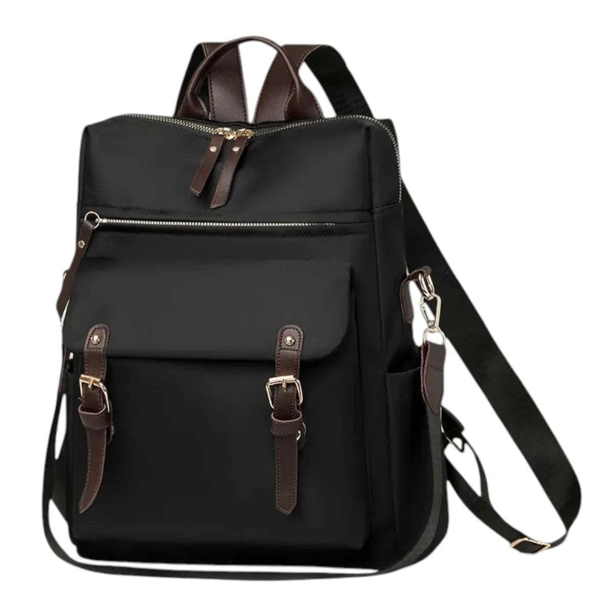 Sac à dos femme pour ordinateur Sienna noir imperméable présenté de face avec ses boucles dorées.