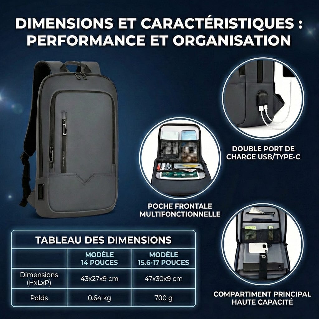 Tableau des dimensions (14 à 17 pouces) et vue intérieure des compartiments haute capacité du sac HK Shadow-Slim.