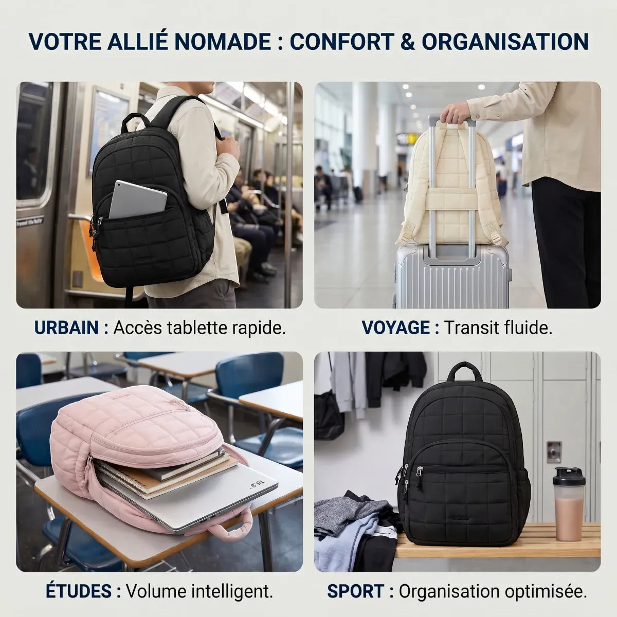 Une grille de quatre images montrant les différents cas d'utilisation du sac à dos matelassé ELYA, avec le titre 'VOTRE ALLIÉ NOMADE : CONFORT & ORGANISATION' et des annotations pour les scénarios URBAIN, VOYAGE, ÉTUDES et SPORT. Les sacs sont visibles en noir, crème et rose.