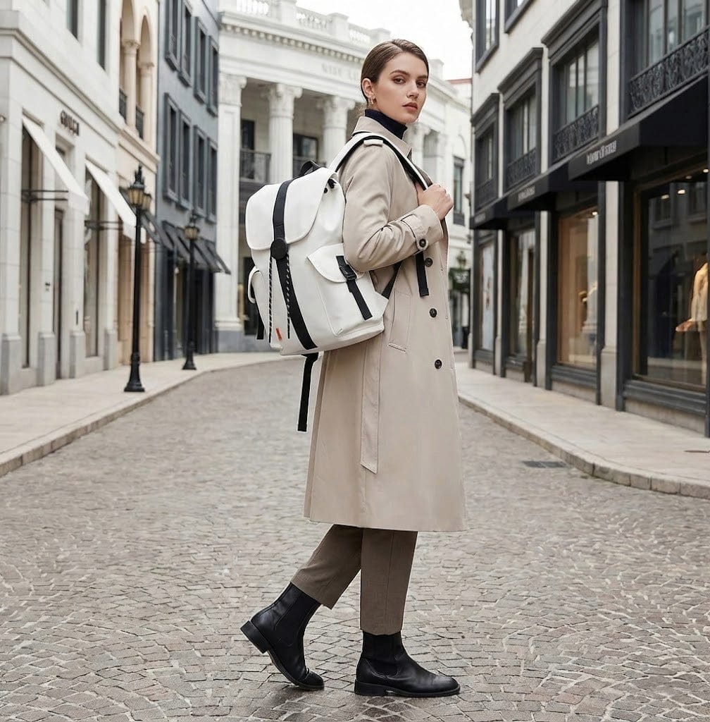 Femme portant le sac à dos Mixi 16 pouces blanc avec un trench-coat en ville.