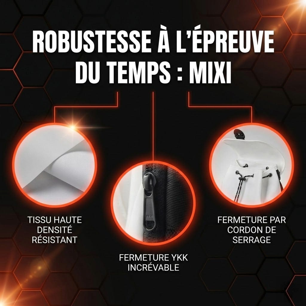 Détails des finitions du sac à dos Mixi 16 pouces : tissu haute densité, fermetures YKK et cordon de serrage.