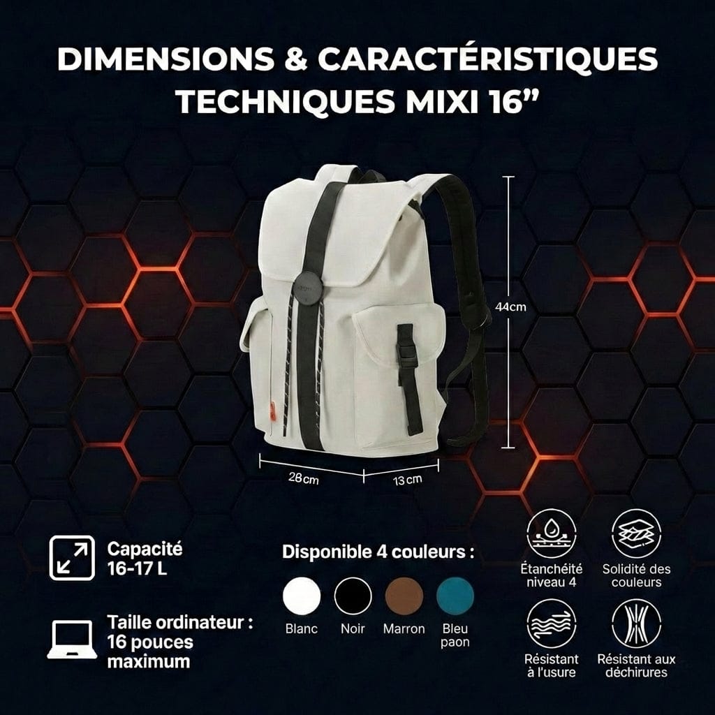 Guide des tailles du sac Mixi 16" : dimensions 44x28x13cm, capacité 17L et variantes de couleurs.