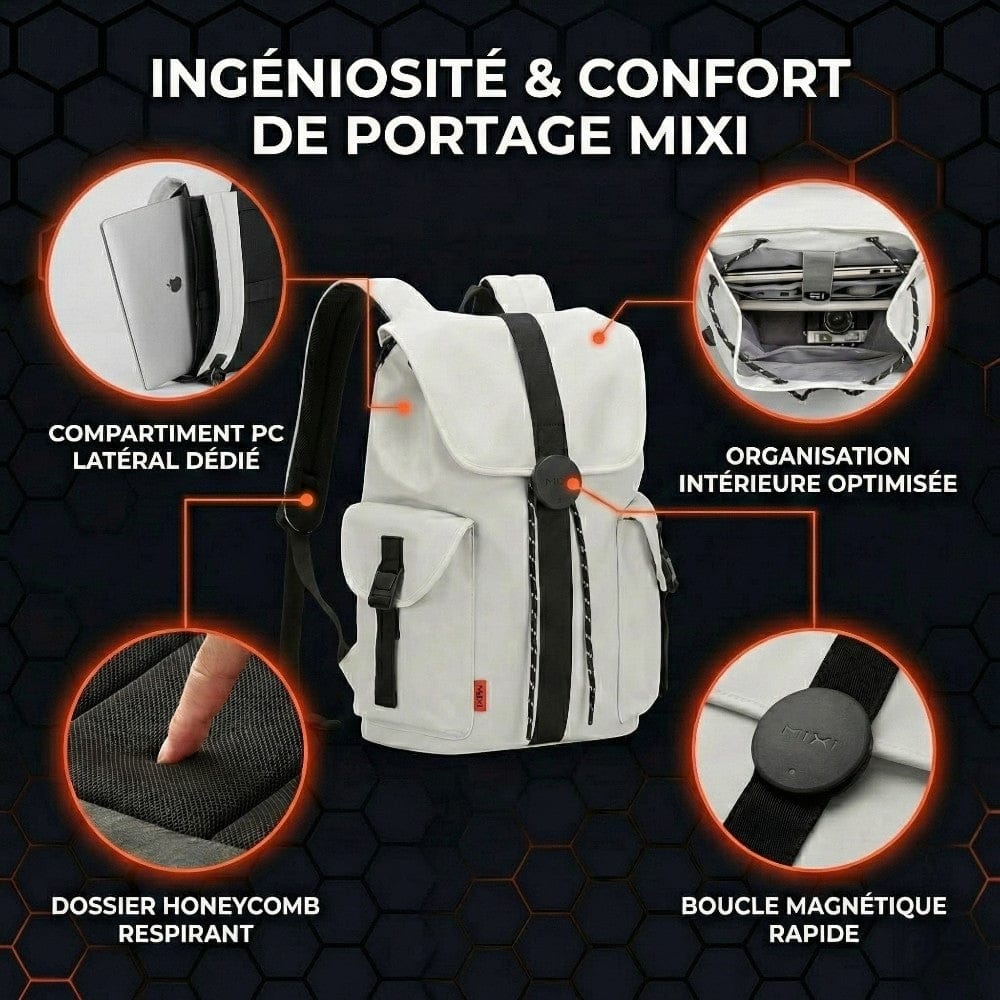 Vue d'ensemble du sac Mixi 16" avec zoom sur le compartiment PC latéral et la boucle magnétique.