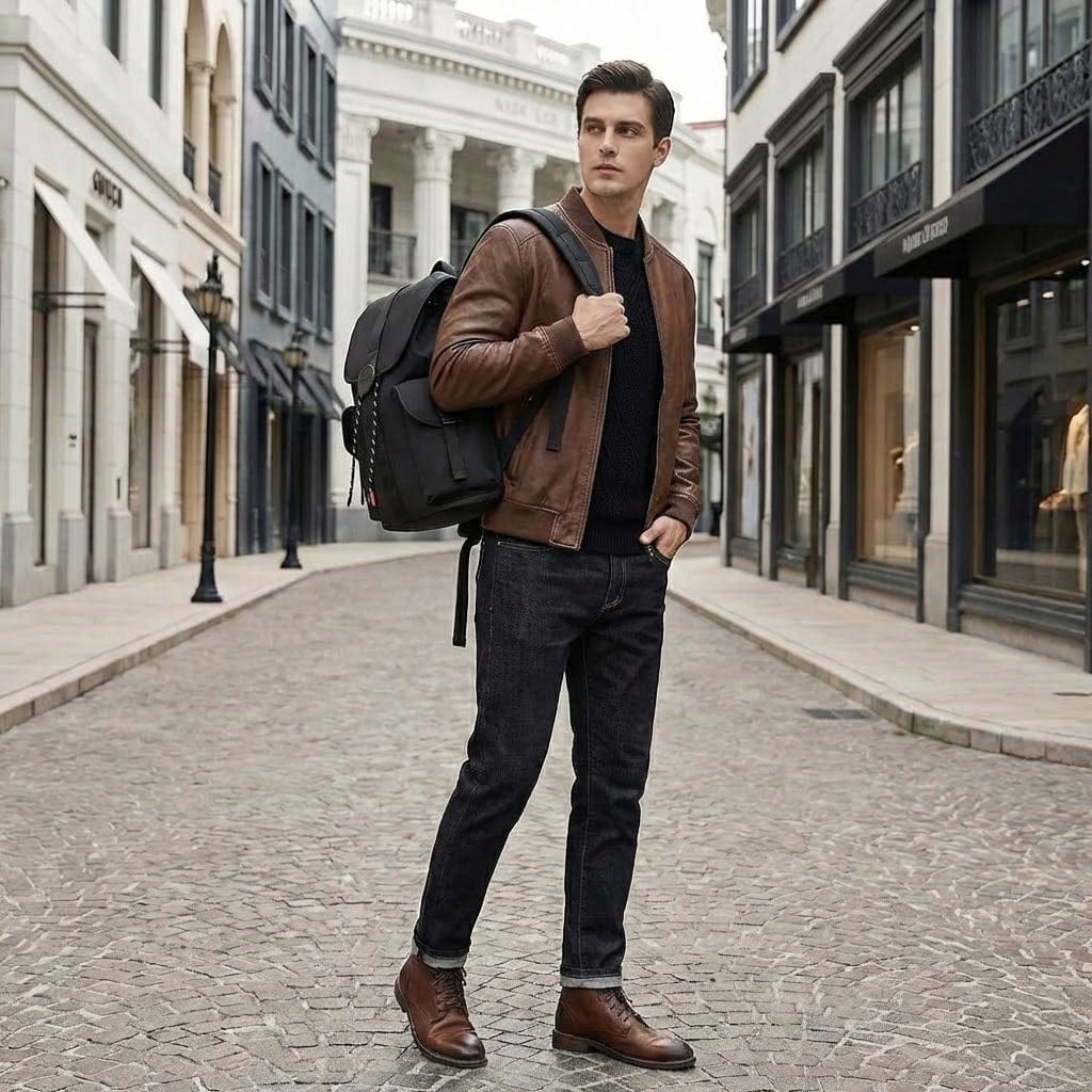 Homme portant le sac à dos Mixi 16 pouces noir dans une rue commerçante élégante.