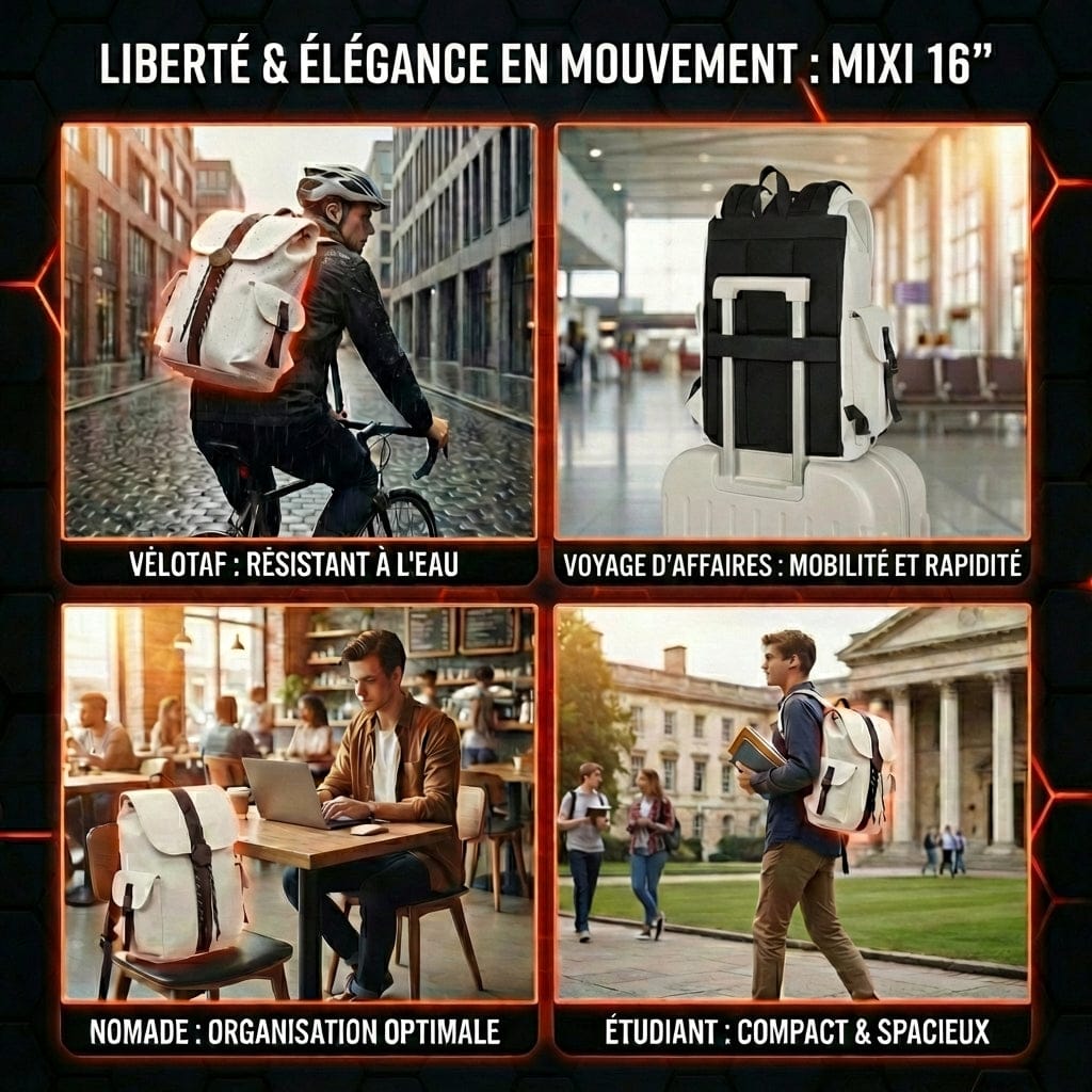 Scènes d'utilisation du sac Mixi 16" : à vélo, en voyage d'affaires, au café et à l'université.