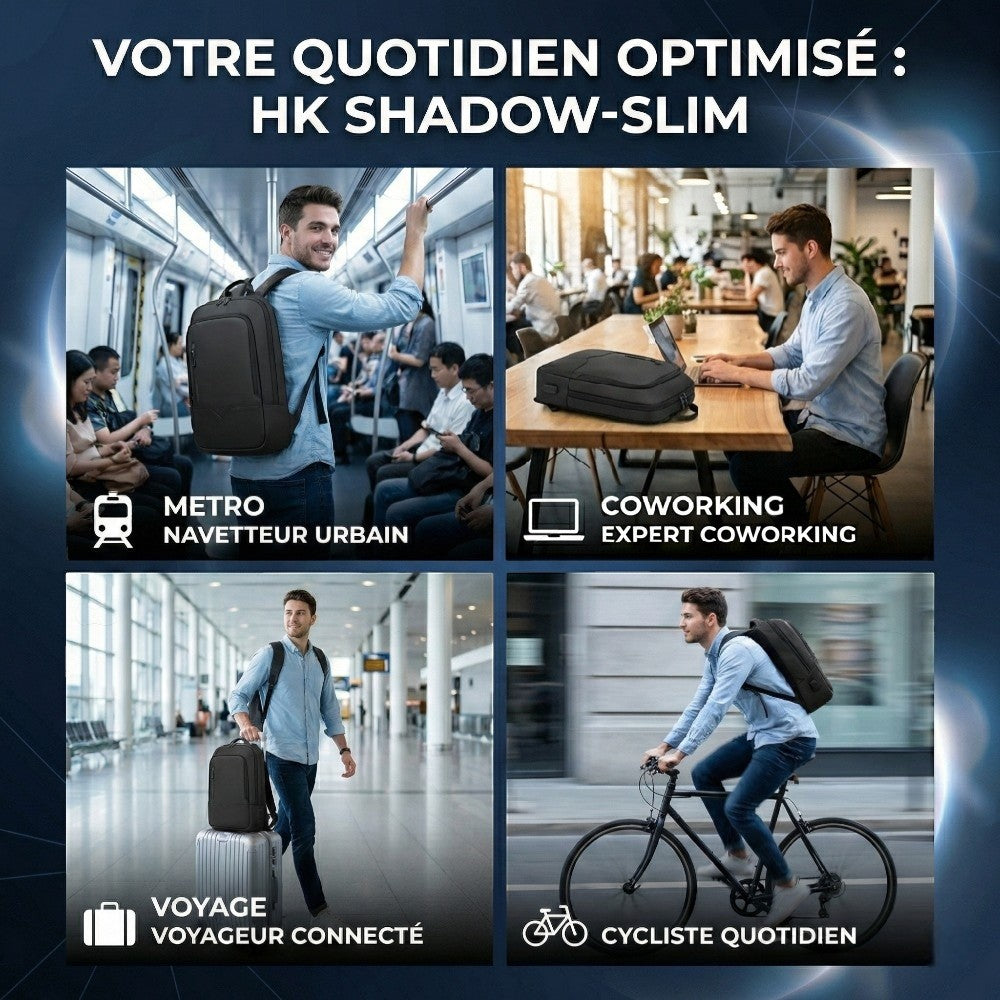 Mise en situation du sac à dos HK Shadow-Slim pour le métro, le coworking, les voyages avec valise et le cyclisme urbain.