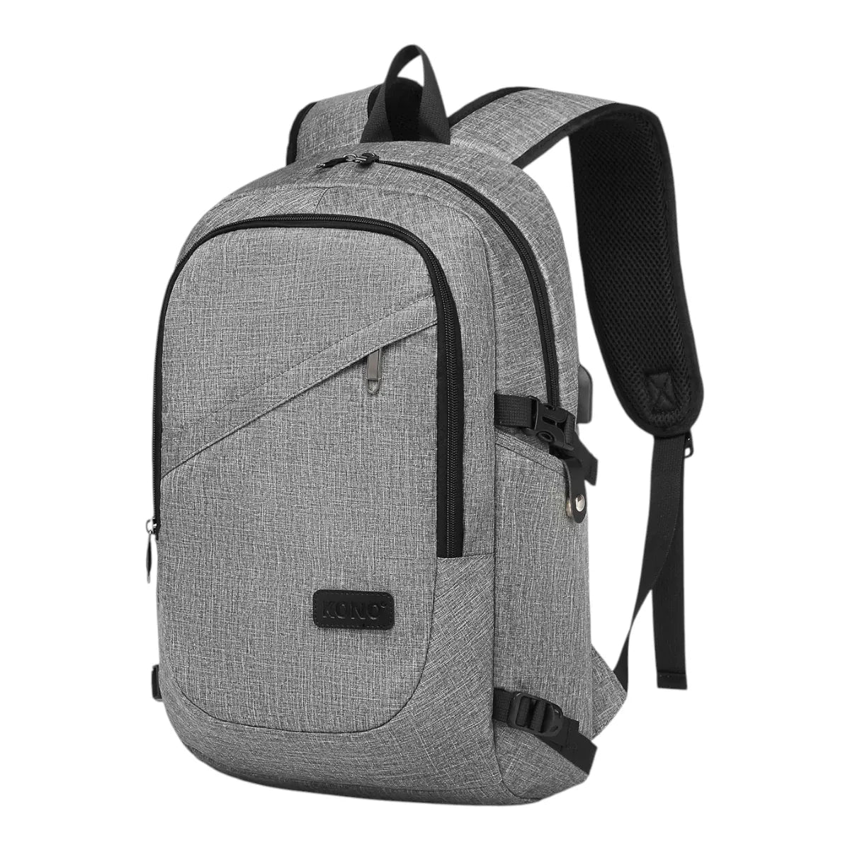Sac à dos homme Kono gris clair 15.6 pouces avec port USB, compartiment ordinateur et sangles.