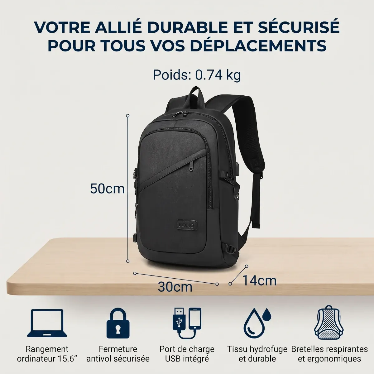 Fiche des dimensions en cm et poids léger du sac à dos ordi KonoSync