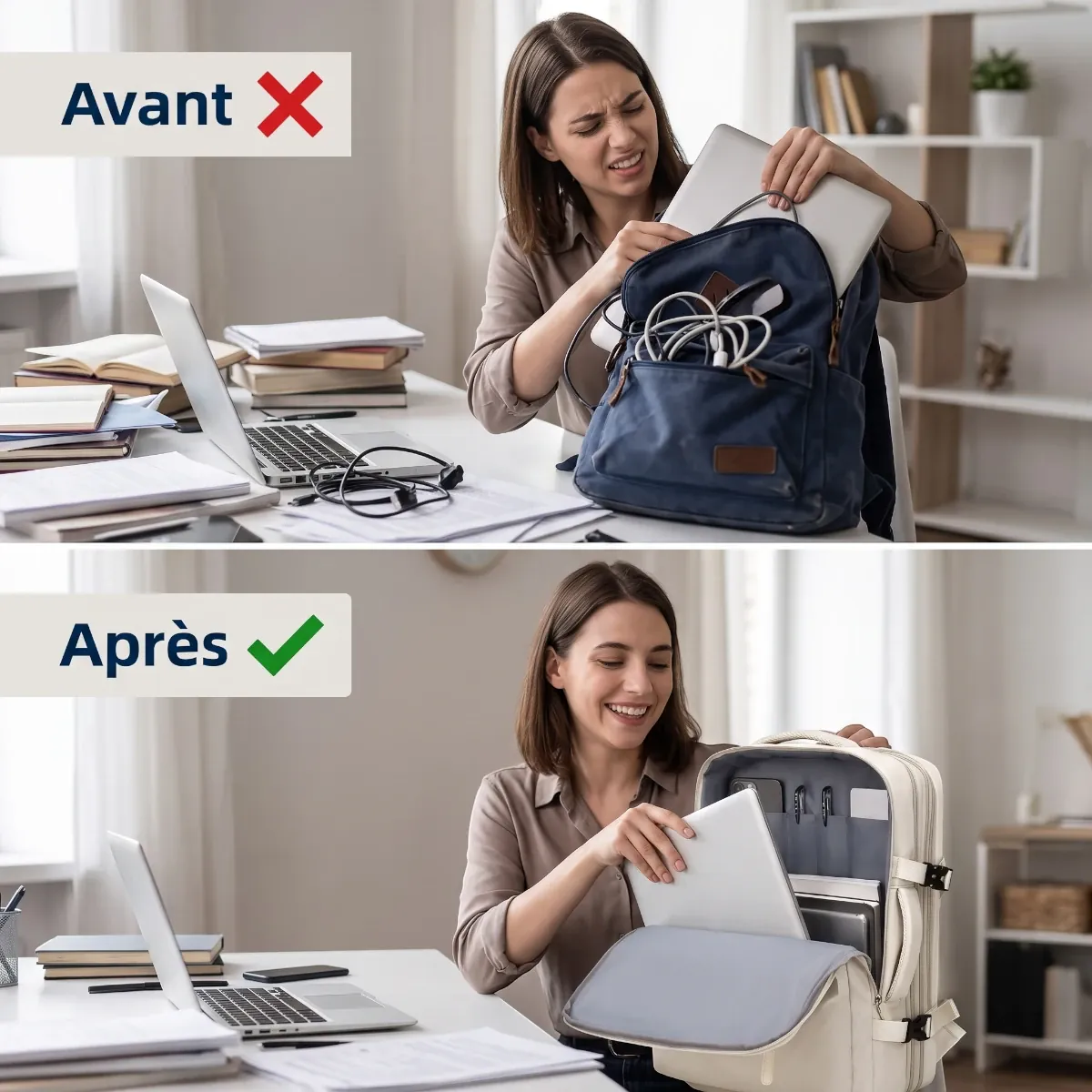 Comparatif avant après montrant la frustration d'un sac classique face au confort du sac à dos ordinateur femme AeroPro.