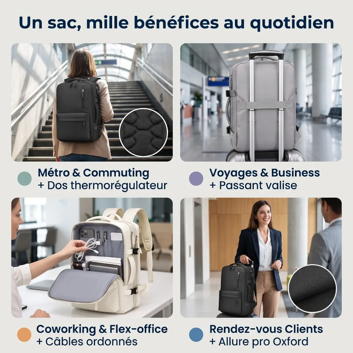 Mosaïque des 4 cas d'utilisation professionnels du sac à dos ordinateur femme AeroPro : commuting, voyage, flex-office et rendez-vous.