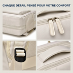 Mosaïque des détails de finitions premium, fermetures éclair robustes et poignée matelassée du sac à dos ordinateur femme AeroPro.