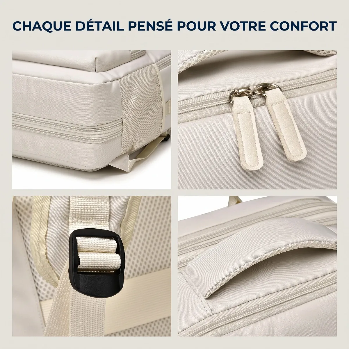 Mosaïque des détails de finitions premium, fermetures éclair robustes et poignée matelassée du sac à dos ordinateur femme AeroPro.