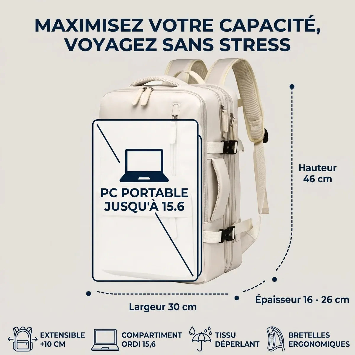 Schéma technique des dimensions en centimètres et de la compatibilité PC portable du sac à dos ordinateur femme AeroPro.