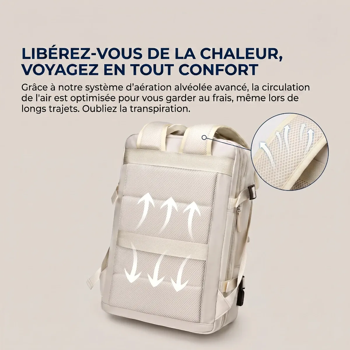 Panneau dorsal ergonomique et zoom sur les bretelles alvéolées anti-transpiration du sac à dos ordinateur femme AeroPro.