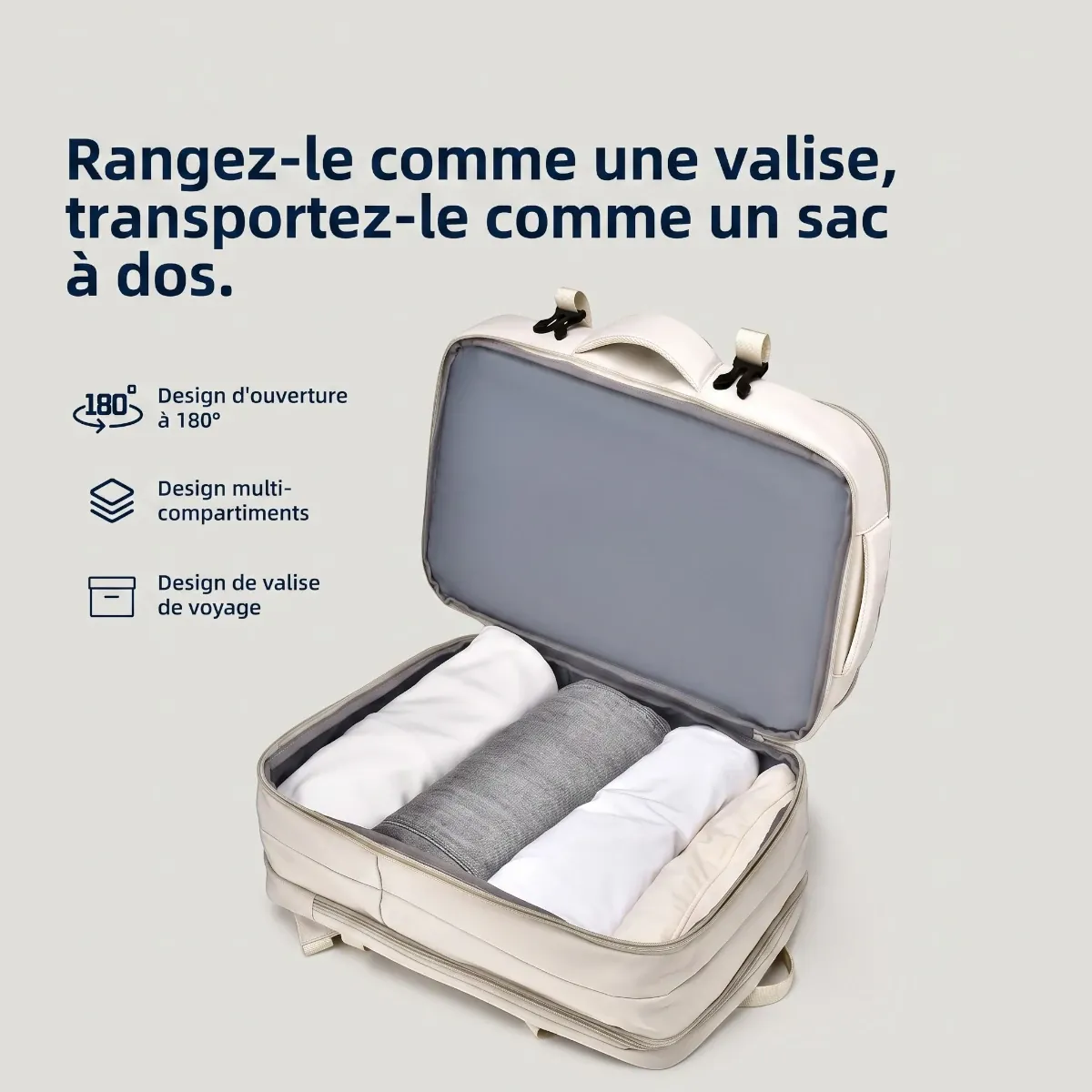 Vue du compartiment principal du sac à dos ordinateur femme AeroPro ouvert à 180 degrés pour un rangement type valise.