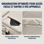 Zoom sur la poche verticale pour smartphone et la poche horizontale avant du sac à dos ordinateur femme AeroPro.
