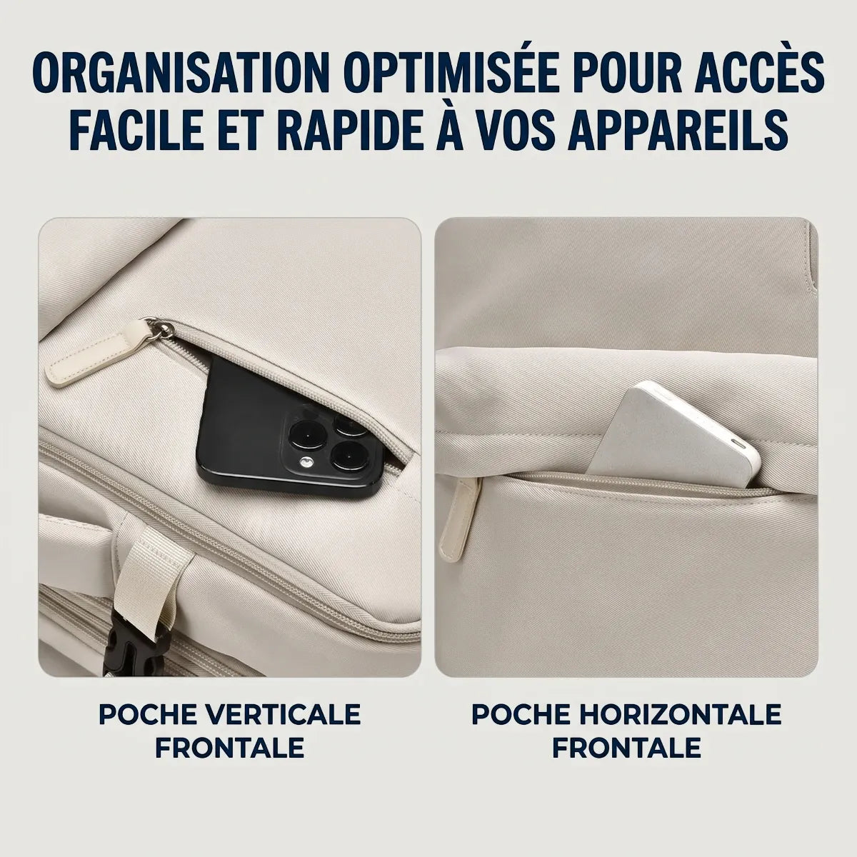 Zoom sur la poche verticale pour smartphone et la poche horizontale avant du sac à dos ordinateur femme AeroPro.