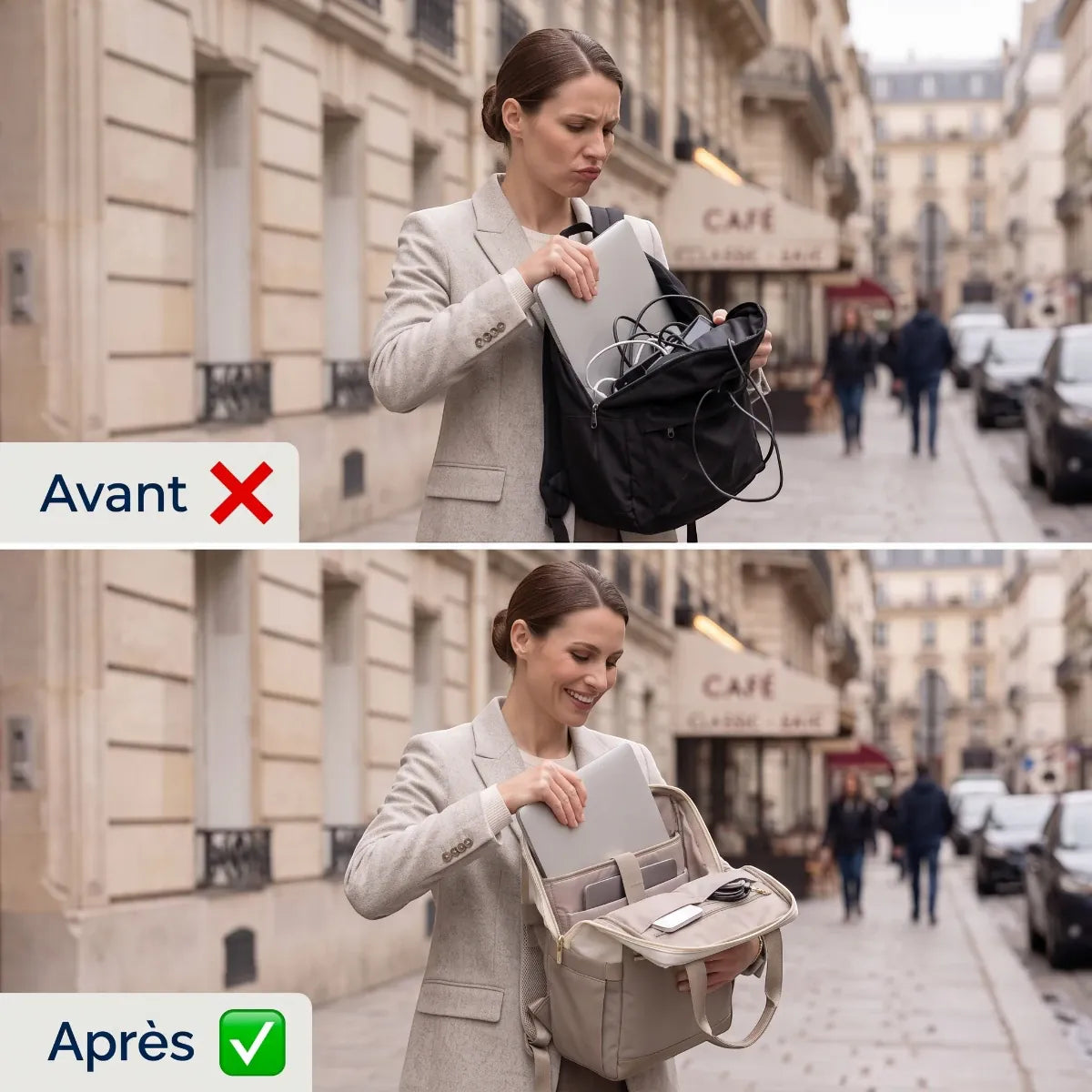 Comparatif avant après démontrant l'organisation parfaite du sac à dos ordinateur femme Albane
