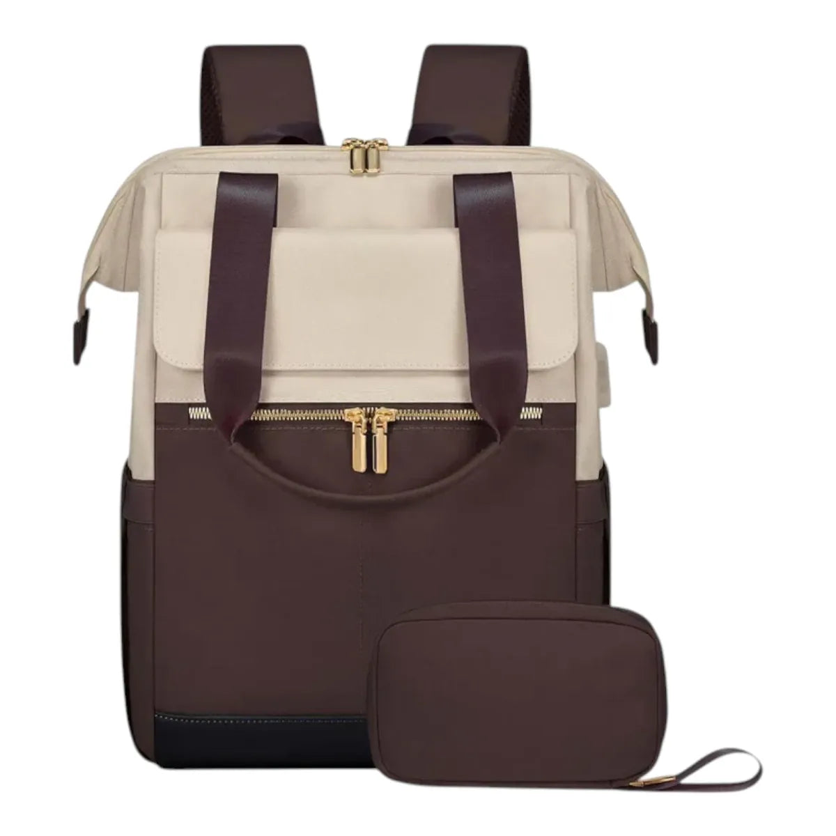 Sac à dos ordinateur femme Albane coloris beige et marron foncé avec sa pochette assortie